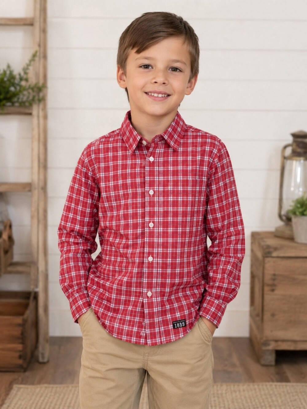 Brooks Brothers Boys Red Plaid Long Sleeve Button Down Shirt Size Small Holiday